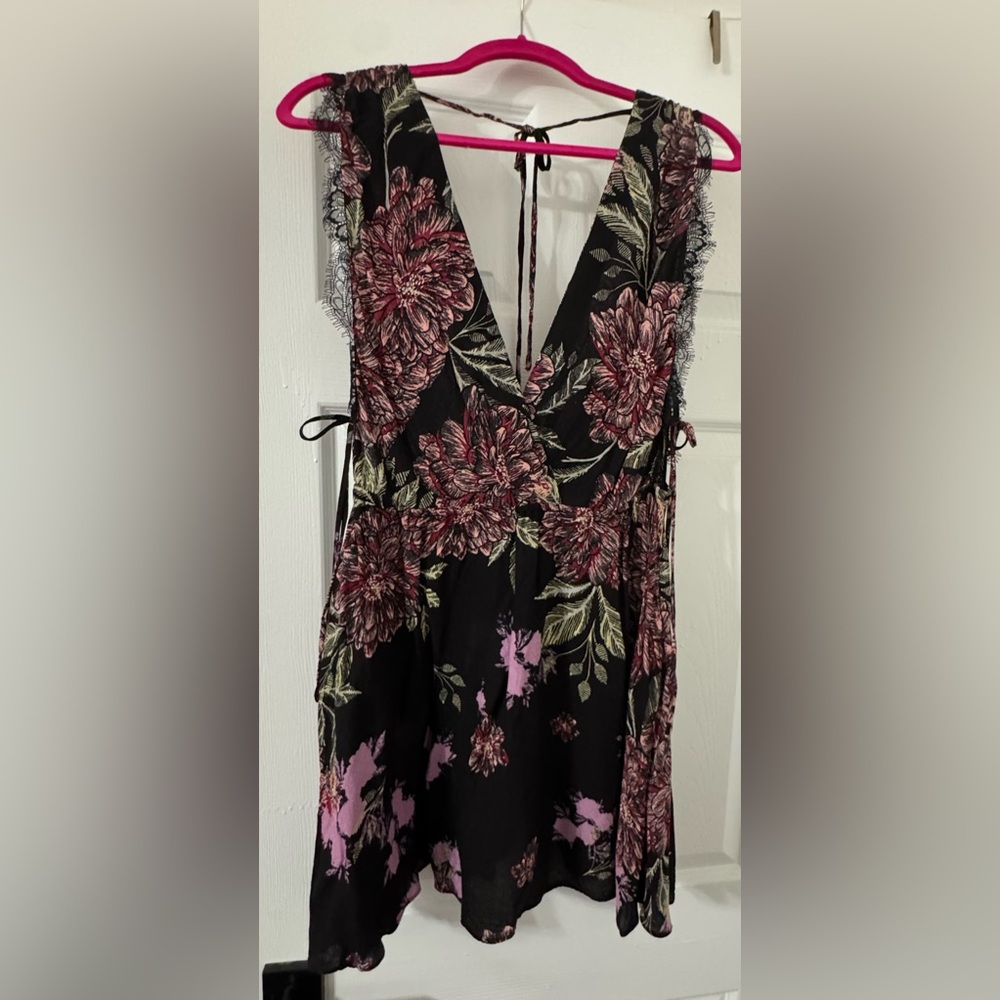 Free People Black and Pink Floral V-Neck Blouse